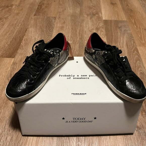 Primabase Sneakers Black Textured Leather Snake Print Red Heel - Picture 6 of 13